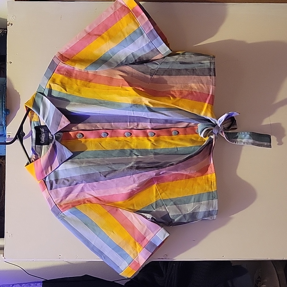 UK 20 (3X) Collectif Striped Button Up Cropped Collar Top